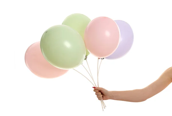 Mão Feminina Segurando Balões Isolado Fundo Branco — Fotografia de Stock