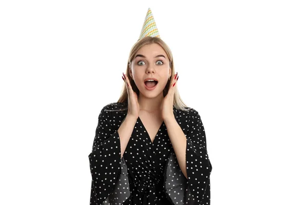 Conceito Feliz Aniversário Com Menina Atraente Isolado Fundo Branco — Fotografia de Stock