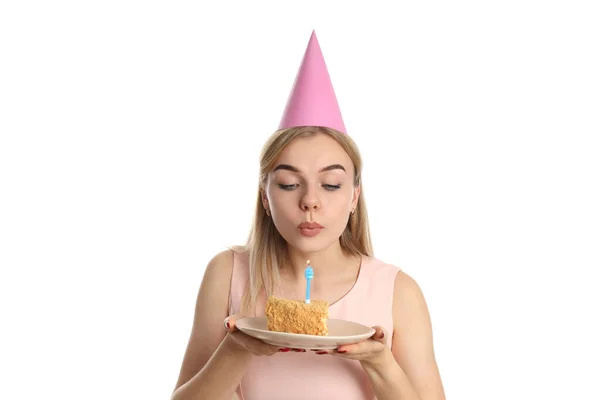 Koncept Happy Birthday Atraktivní Dívkou Izolované Bílém Pozadí — Stock fotografie