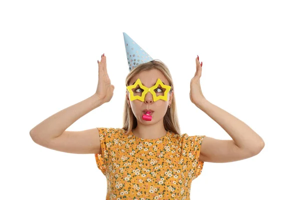 Begreppet Happy Birthday Med Attraktiv Flicka Isolerad Vit Bakgrund — Stockfoto