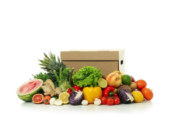 Овочі Фрукти Коробка Ізольовані Білому Тлі — стокове фото