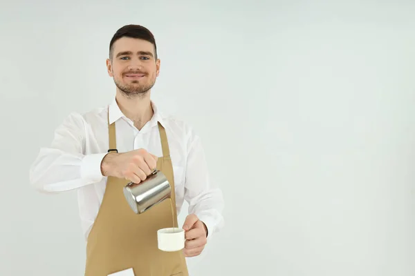 Concept Occupation Young Barista Light Background — Stock Photo, Image