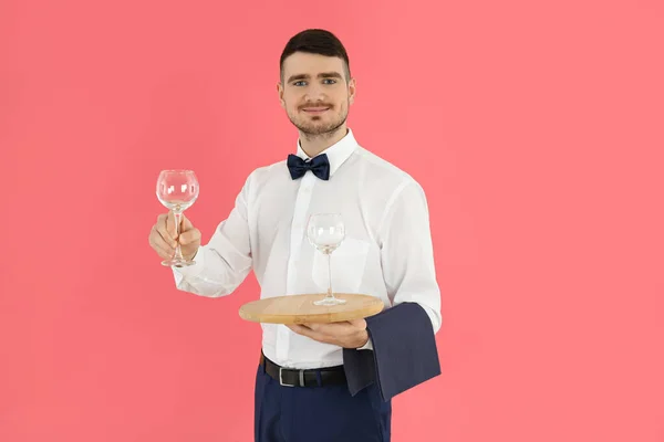 Concept Occupation Young Waiter Pink Background — Fotografia de Stock