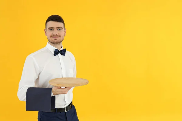 Concept Occupation Young Waiter Yellow Background — Foto Stock