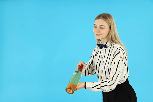 Concept Occupation Young Female Waiter Blue Background — Fotografia de Stock