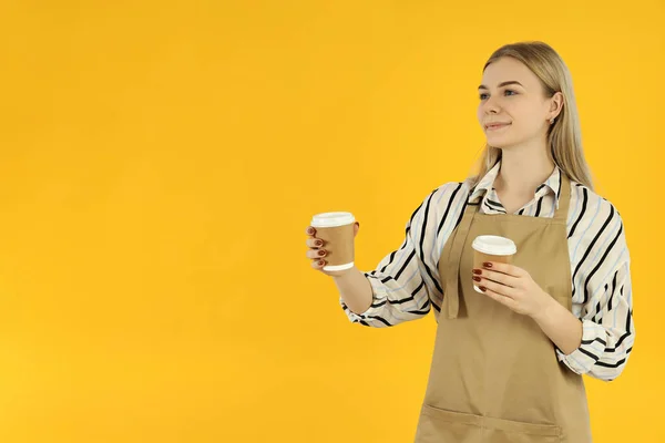 Concept Occupation Young Female Waiter Yellow Background — Stock Photo, Image