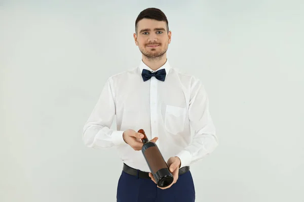 Concept Occupation Young Waiter Light Background — Stock Photo, Image