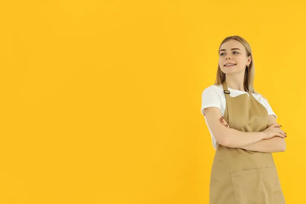 Concept Occupation Young Female Waiter Yellow Background —  Fotos de Stock