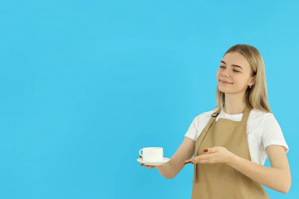 Concept Occupation Young Female Waiter Blue Background — Stock Photo, Image
