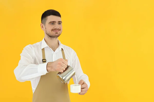 Concept Occupation Young Waiter Yellow Background — Stock Photo, Image