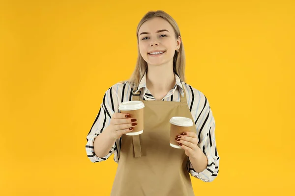 Concept Occupation Young Female Waiter Yellow Background — Stok fotoğraf