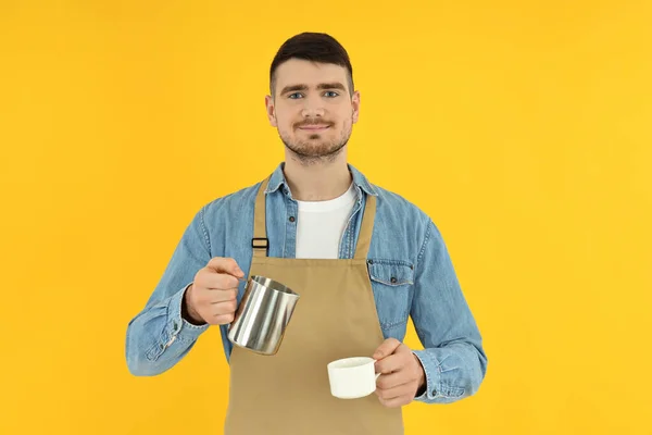 Concept Occupation Young Waiter Yellow Background — Foto Stock