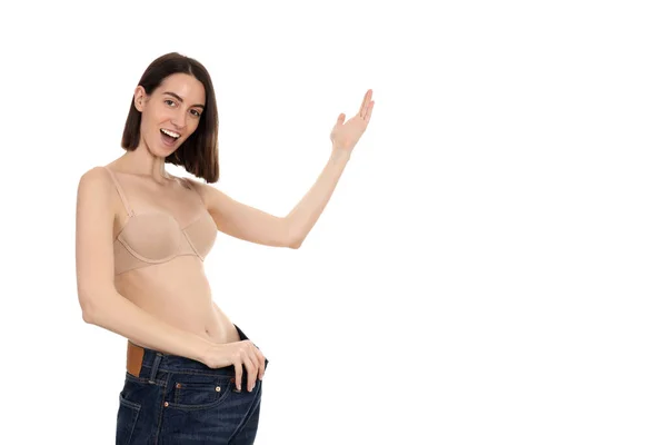 Concept Weight Loss Thin Girl Isolated White Background — Stock Photo, Image