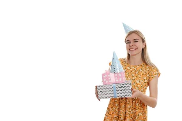 Conceito Feliz Aniversário Com Menina Atraente Isolado Fundo Branco — Fotografia de Stock