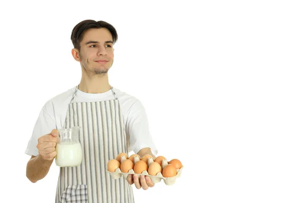 Begreppet Matlagning Ung Man Förkläde Isolerad Vit Bakgrund — Stockfoto