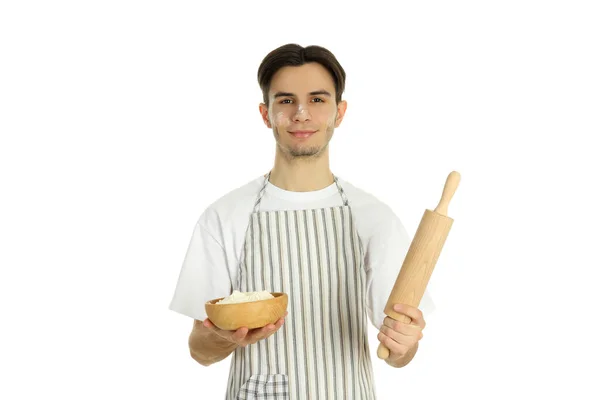 Conceito Cozinhar Jovem Avental Isolado Sobre Fundo Branco — Fotografia de Stock