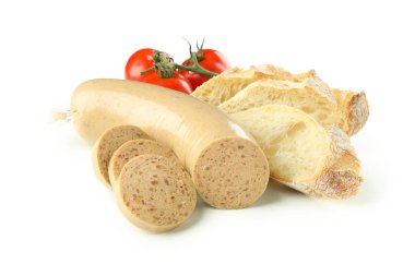 Beyaz arka planda izole edilmiş, ciğer sosisli lezzetli yemek kavramı.