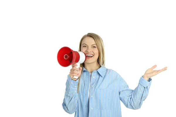Young Woman Megaphone Isolated White Background — Zdjęcie stockowe