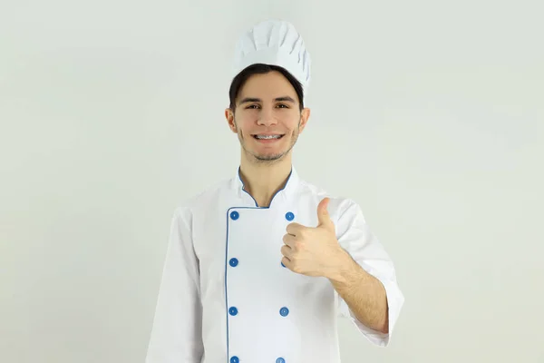 Conceito Cozinhar Jovem Chef Masculino Fundo Claro — Fotografia de Stock