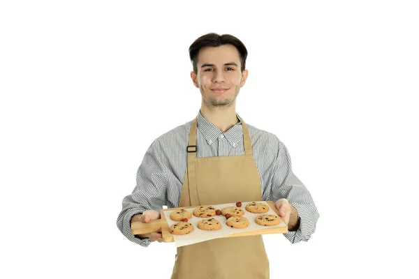 Yemek Pişirme Kavramı Önlüklü Genç Adam Beyaz Arka Planda Izole — Stok fotoğraf