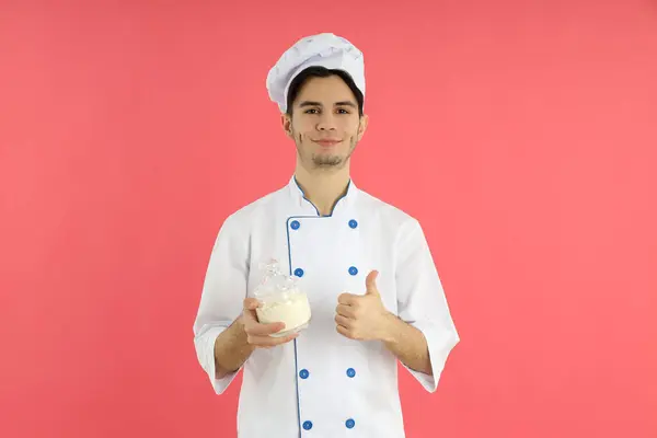Concetto Cucina Giovane Chef Maschio Sfondo Rosa — Foto Stock