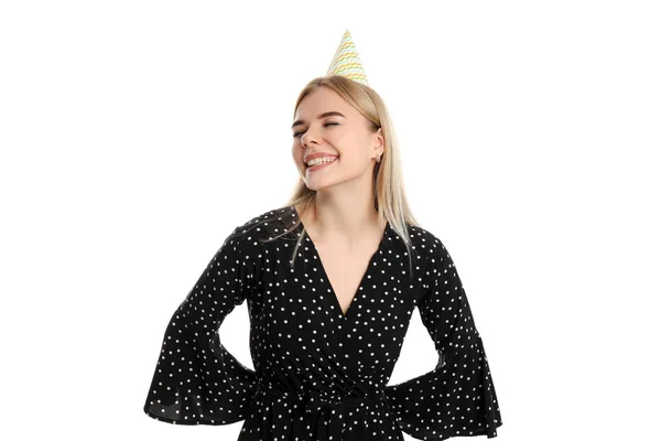 Concept Van Happy Birthday Aantrekkelijk Meisje Geïsoleerd Witte Achtergrond — Stockfoto