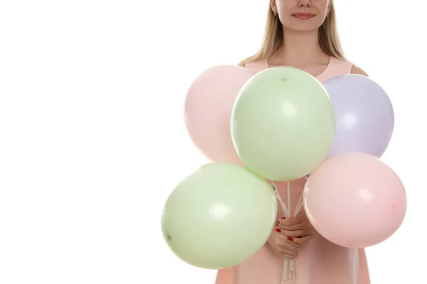 Conceito Feliz Aniversário Menina Com Balões Isolados Fundo Branco — Fotografia de Stock