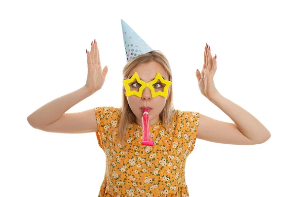 Concept Van Happy Birthday Aantrekkelijk Meisje Geïsoleerd Witte Achtergrond — Stockfoto