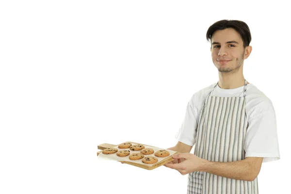 Begreppet Matlagning Ung Man Förkläde Isolerad Vit Bakgrund — Stockfoto