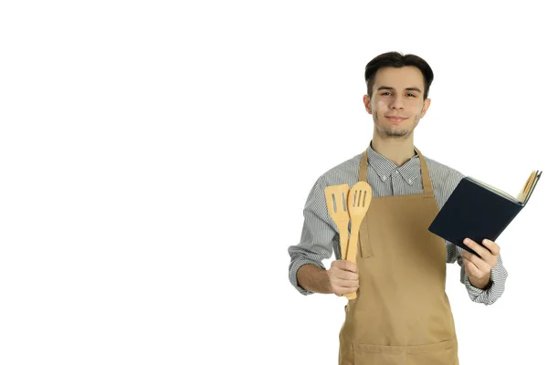 Conceito Cozinhar Jovem Avental Isolado Sobre Fundo Branco — Fotografia de Stock