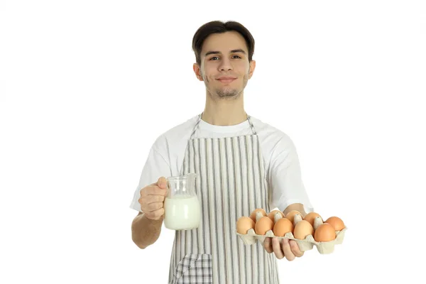 Begreppet Matlagning Ung Man Förkläde Isolerad Vit Bakgrund — Stockfoto