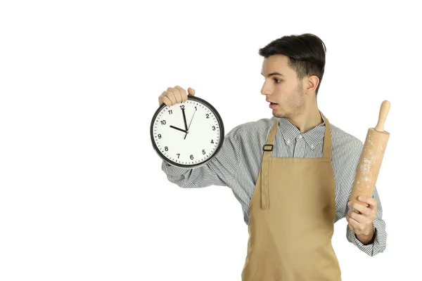 Conceito Cozinhar Jovem Avental Isolado Sobre Fundo Branco — Fotografia de Stock