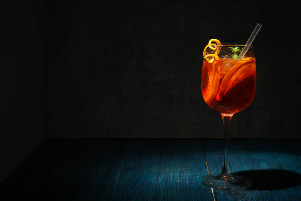 Concept of fresh alcohol drink, Aperol Spritz, space for text
