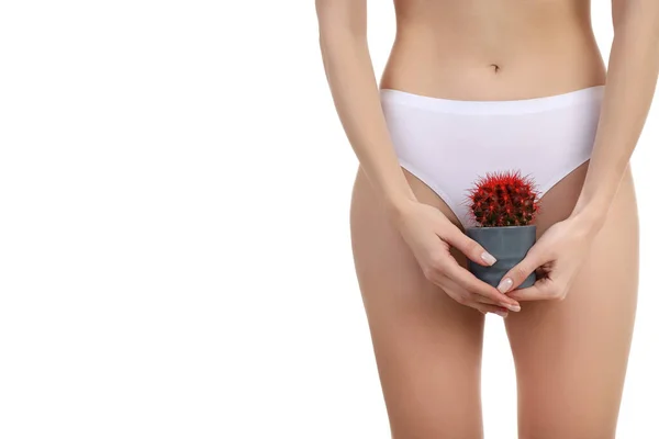 Concepto Salud Femenina Mujer Sostiene Cactus Aislado Sobre Fondo Blanco — Foto de Stock