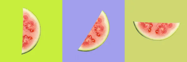 Frische Wassermelonenscheiben Auf Dreifarbigem Hintergrund — Stockfoto