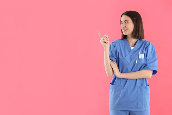 Concept Profession Young Female Doctor Pink Background — Stockfoto