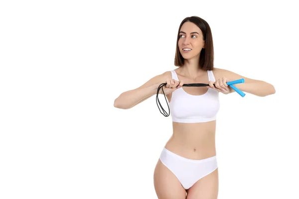 Concept Van Gewichtsverlies Met Slanke Jonge Vrouw Geïsoleerd Witte Achtergrond — Stockfoto
