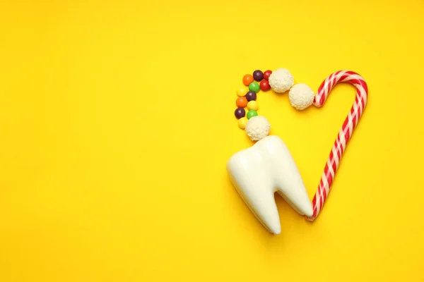 Concept of food bad for teeth, dental care, space for text