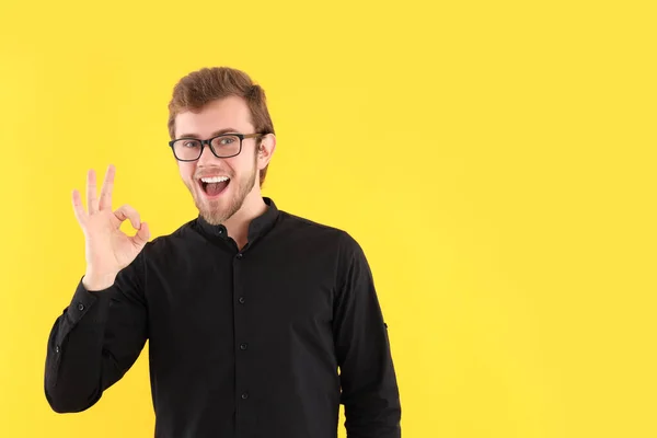 Concept People Young Man Yellow Background — Stock Photo, Image