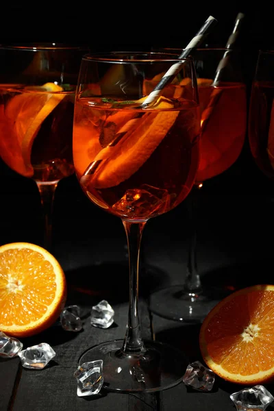 Concept Fresh Summer Cocktail Aperol Spritz Wooden Table Dark Background — Stock Photo, Image