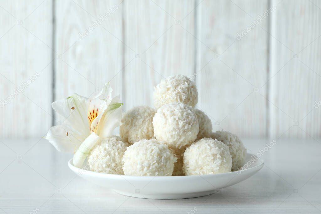 Concept of tasty sweets, coconut candies, close up