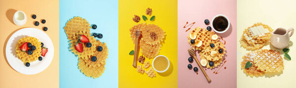 Photo collage of Tasty dessert concept with waffles