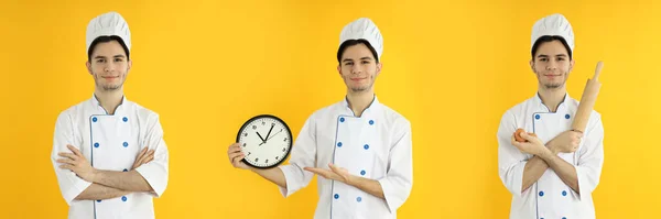 Attractive Young Man Chef Yellow Background — Zdjęcie stockowe