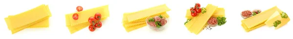 Fotoset Van Ingrediënten Voor Lasagne Geïsoleerd Witte Achtergrond — Stockfoto