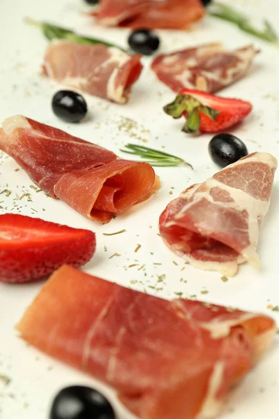 Pojęcie Pysznej Kuchni Hiszpańskiej Jamon Zbliżenie — Zdjęcie stockowe