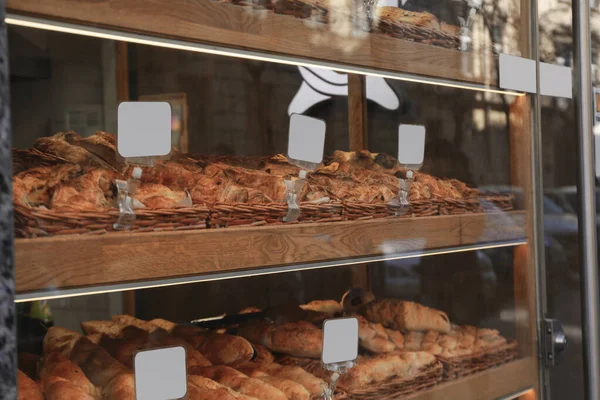 Vitrine Avec Boulangerie Avec Étiquettes Prix Vides — Photo