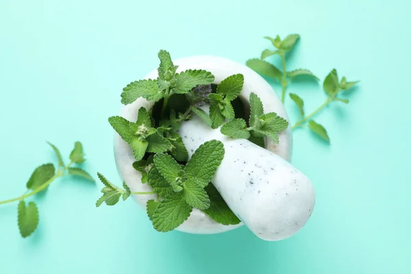 Concept of aromatherapy with mint, top view