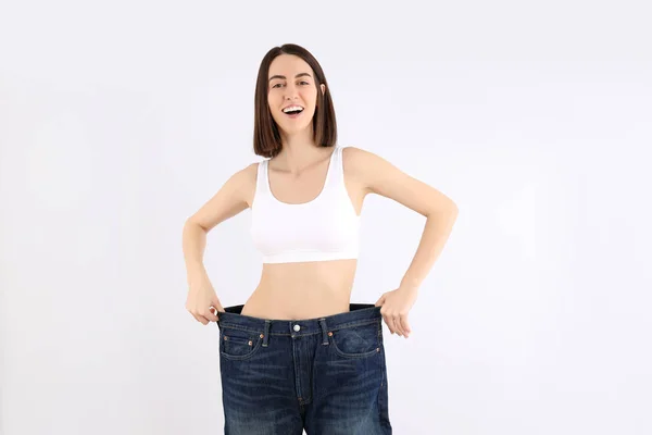 Concept Weight Loss Slim Young Woman Light Background — Foto Stock