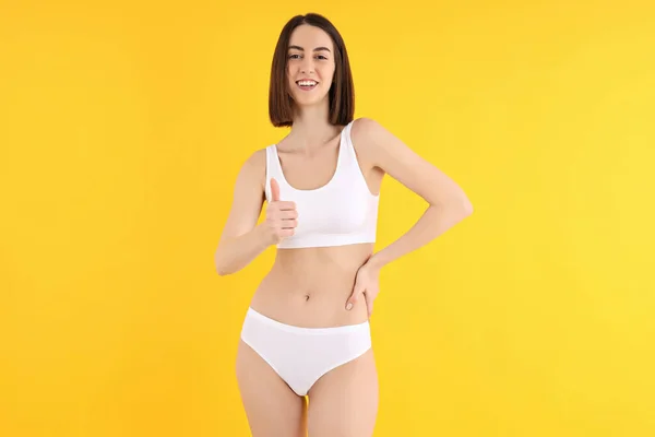 Concept Weight Loss Slim Young Woman Yellow Background — 스톡 사진