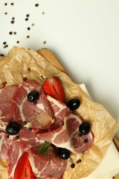 Concept Delicious Spanish Cuisine Jamon White Background — Foto Stock